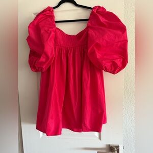 Zara Red Smocked Puff Sleeve Blouse